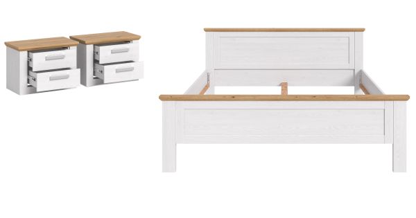 Schlafzimmer Mirano in wei� L�rche und Eiche Artisan Landhaus Set mit Bett Liegefl�che 180 x 200 cm und 2x Nachttisch