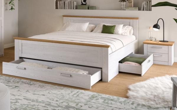 Schlafzimmer Mirano in wei� L�rche und Eiche Artisan Landhaus Set mit Bett Liegefl�che 180 x 200 cm und Nachttisch