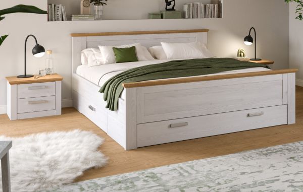 Schlafzimmer Mirano in wei� L�rche und Eiche Artisan Landhaus Set mit Bett Liegefl�che 180 x 200 cm und 2x Nachttisch