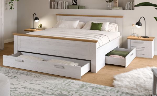 Schlafzimmer Mirano in wei� L�rche und Eiche Artisan Landhaus Set mit Bett Liegefl�che 180 x 200 cm und 2x Nachttisch