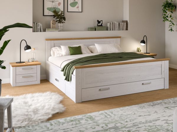 Schlafzimmer Mirano in wei� L�rche und Eiche Artisan Landhaus Set mit Bett Liegefl�che 180 x 200 cm und 2x Nachttisch