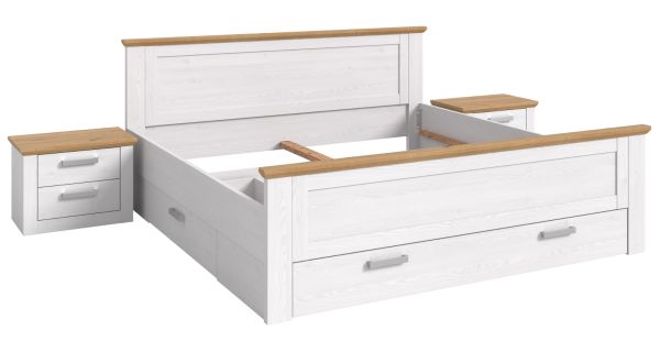 Schlafzimmer Mirano in wei� L�rche und Eiche Artisan Landhaus Set mit Bett Liegefl�che 180 x 200 cm und 2x Nachttisch