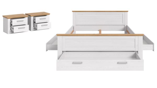 Schlafzimmer Mirano in wei� L�rche und Eiche Artisan Landhaus Set mit Bett Liegefl�che 180 x 200 cm und 2x Nachttisch