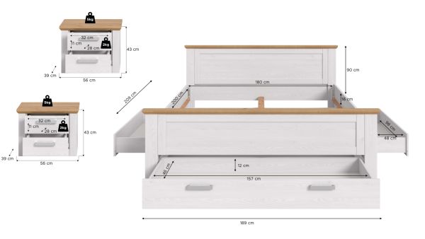 Schlafzimmer Mirano in wei� L�rche und Eiche Artisan Landhaus Set mit Bett Liegefl�che 180 x 200 cm und 2x Nachttisch