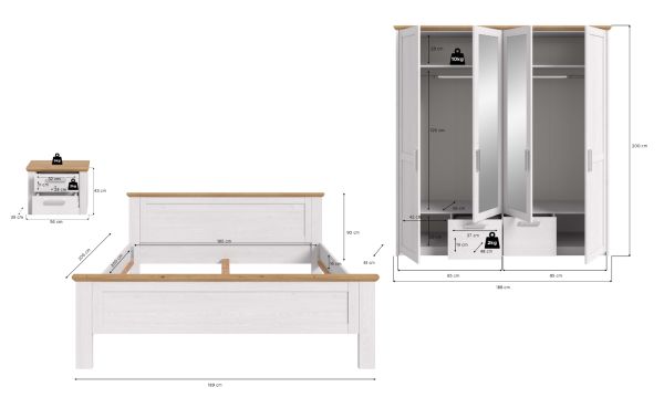 Schlafzimmer Mirano in wei� L�rche und Eiche Artisan Landhaus Set 3-teilig Liegefl�che 180 x 200 cm