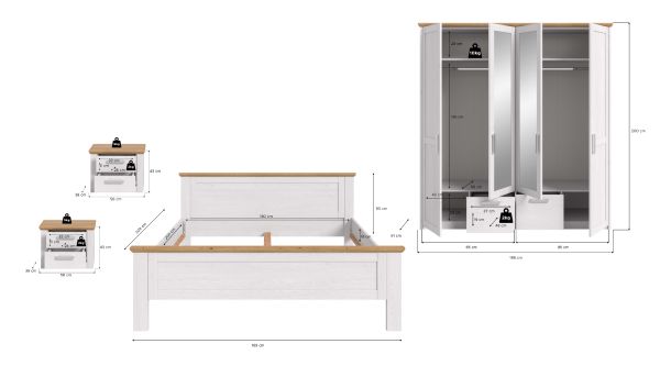 Schlafzimmer Mirano in wei� L�rche und Eiche Artisan Landhaus Set 4-teilig Liegefl�che 180 x 200 cm