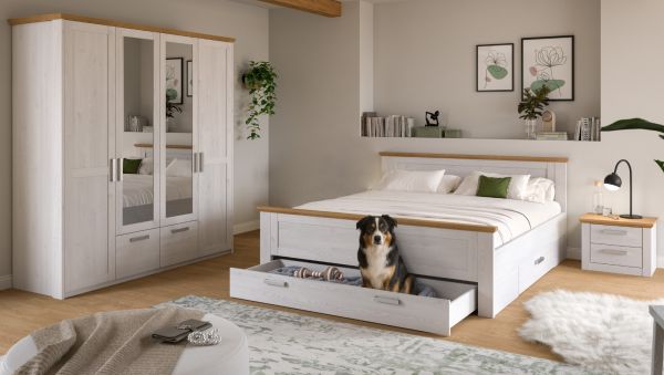 Schlafzimmer Mirano in wei� L�rche und Eiche Artisan Landhaus Set 3-teilig Liegefl�che 180 x 200 cm