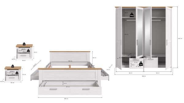 Schlafzimmer Mirano in wei� L�rche und Eiche Artisan Landhaus Set 4-teilig Liegefl�che 180 x 200 cm
