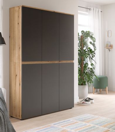 Mehrzweckschrank Assino in Grau und Eiche 105 x 175 cm, 14 Einlegeb�den und Kleiderstange