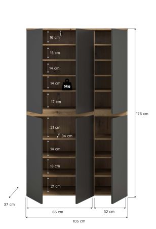 Mehrzweckschrank Assino in Grau und Eiche 105 x 175 cm, 14 Einlegeb�den und Kleiderstange