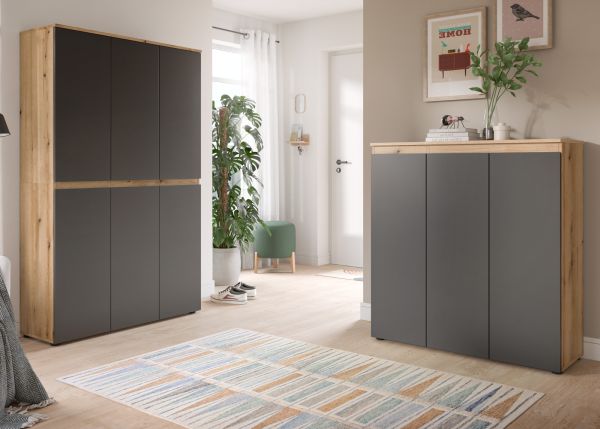Mehrzweckschrank Assino in Grau und Eiche 105 x 175 cm, 14 Einlegeb�den und Kleiderstange