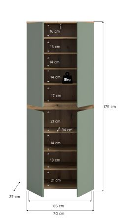 Mehrzweckschrank Assino in Gr�n und Eiche 70 x 175 cm, mit 7 Einlegeb�den und Kleiderstange