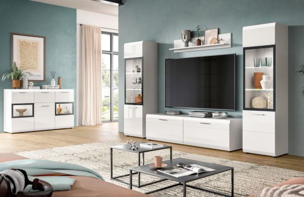 Sideboard Cover in wei� Hochglanz Vitrine 125 x 81 cm