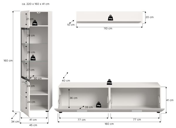 Wohnwand Cover in wei� Hochglanz 3-teilig 220 x 160 cm