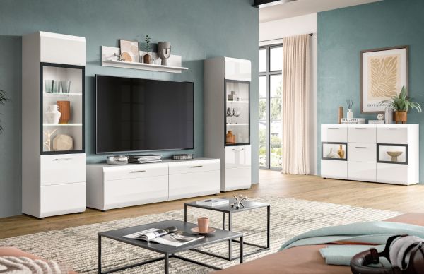 Wohnwand Cover in wei� Hochglanz 3-teilig 220 x 160 cm