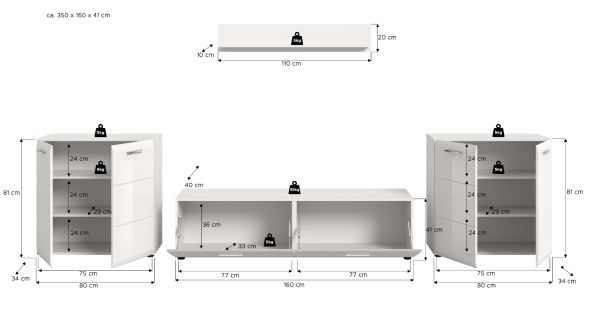 Wohnwand Cover in wei� Hochglanz 4-teilig 350 x 160 cm