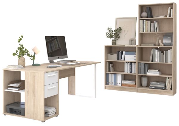 B�rom�bel Set Remote in Eiche und Wei� mit Schreibtisch, Container und 3x Regal