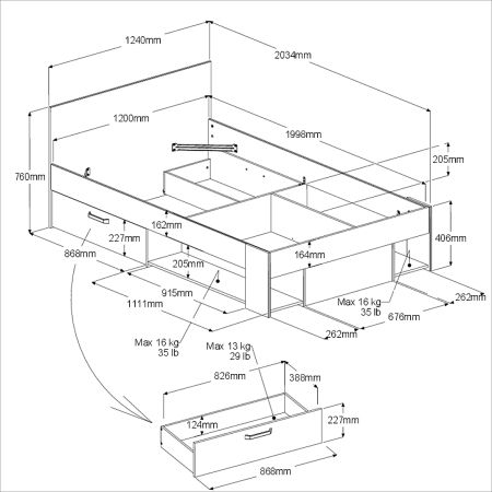 Stauraumbett Mika in wei� und Eiche Funktionsbett mit Bettschubkasten Set Liegefl�che 120 x 200 cm