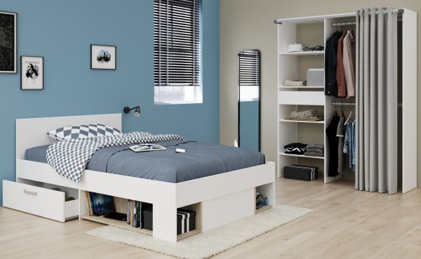 Kinder- und Jugendzimmer Mika in wei� und Eiche Set 2-teilig, Stauraumbett und Kleiderschrank