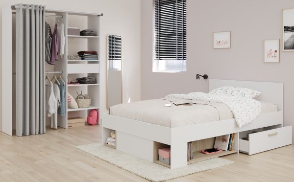 Kinder- und Jugendzimmer Mika in wei� und Eiche Set 2-teilig, Stauraumbett und Kleiderschrank