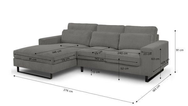 Sofa Valero in grau Cord Ecksofa 4-Sitzer 276 x 183 cm