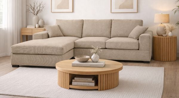 Sofa Novana in beige Strukturstoff Ecksofa 5-Sitzer 308 x 186 cm