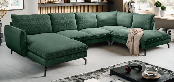 Sofa Palma in gr�n Cord Ecksofa U-Form 202 x 361 cm