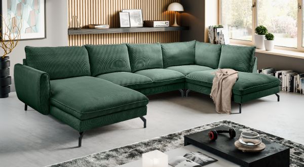 Sofa Palma in gr�n Cord Ecksofa U-Form 202 x 361 cm