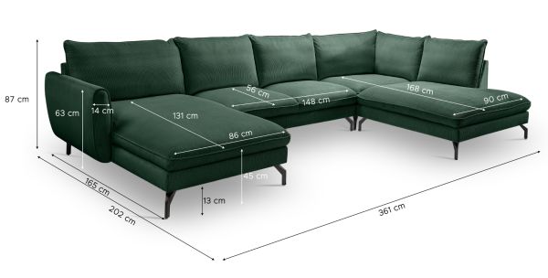 Sofa Palma in gr�n Cord Ecksofa U-Form 202 x 361 cm