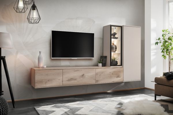 Wohnwand Fancy in Viking Eiche und Kaschmir Schrankwand h�ngend 240 cm inkl. LED, Push-to-Open