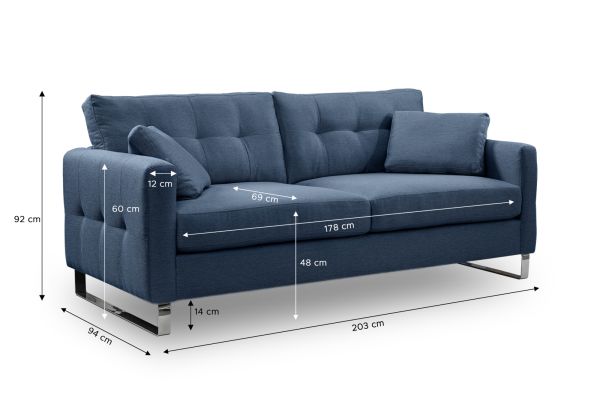 Sofa Alanto in blau Flachgewebe 2,5-Sitzer 203 cm