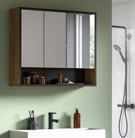 Badezimmer Spiegelschrank Scana in Artisan Eiche und schwarz Badschrank 3-t�rig 80 cm, Soft-Close
