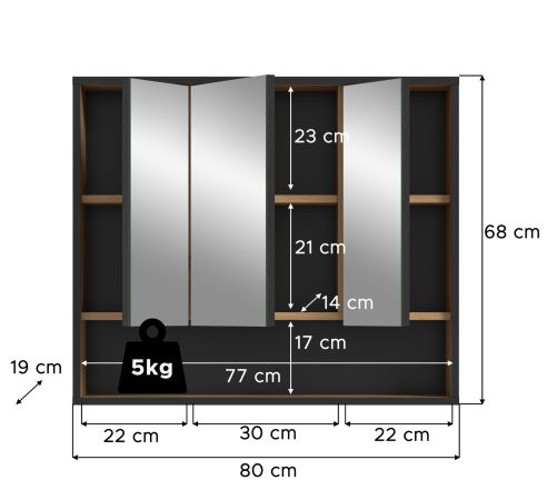 Badezimmer Spiegelschrank Scana in Artisan Eiche und schwarz Badschrank 3-t�rig 80 cm, Soft-Close