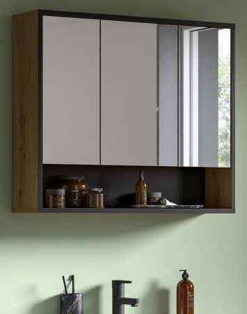 Badezimmer Spiegelschrank Scana in Artisan Eiche und schwarz Badschrank 3-t�rig 80 cm, Soft-Close