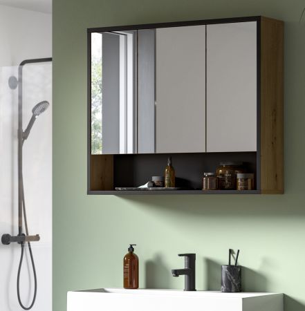 Badezimmer Spiegelschrank Scana in Artisan Eiche und schwarz Badschrank 3-t�rig 80 cm, Soft-Close
