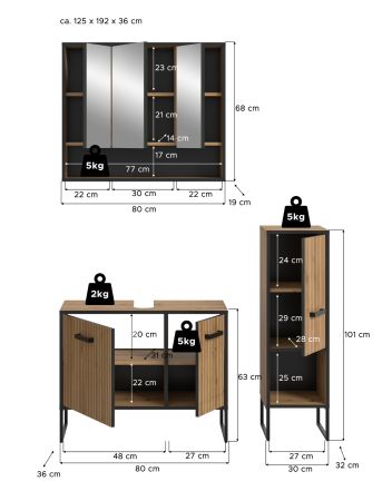 Badm�bel Set 3-teilig Scana in Artisan Eiche Badkombination 125 x 192 cm, Soft-Close