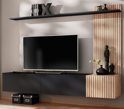 Wohnwand Madina in schwarz matt und Hickory Eiche Schrankwand h�ngend 180 cm, Push-to-Open