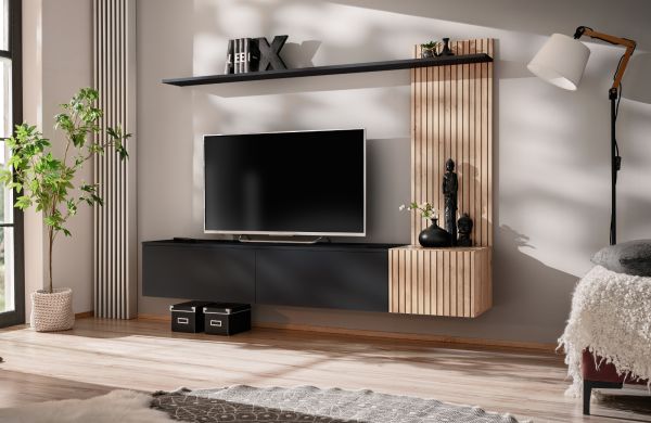 Wohnwand Madina in schwarz matt und Hickory Eiche Schrankwand h�ngend 180 cm, Push-to-Open