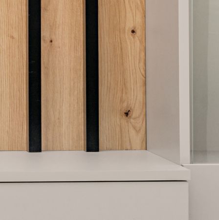 Wohnwand Pearl in Kaschmir und Artisan Eiche Schrankwand 220 cm inklusive LED Beleuchtung, Push-to-Open