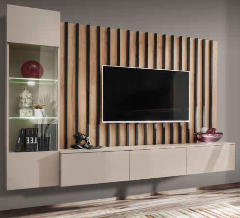 Wohnwand Pearl in Kaschmir und Artisan Eiche Schrankwand 220 cm inklusive LED Beleuchtung, Push-to-Open