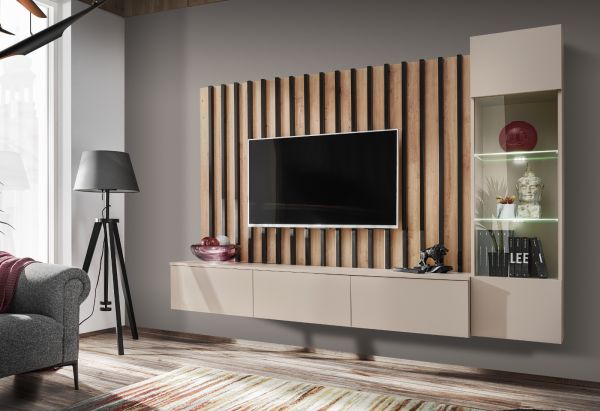 Wohnwand Pearl in Kaschmir und Artisan Eiche Schrankwand 220 cm inklusive LED Beleuchtung, Push-to-Open