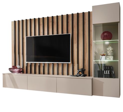 Wohnwand Pearl in Kaschmir und Artisan Eiche Schrankwand 220 cm inklusive LED Beleuchtung, Push-to-Open