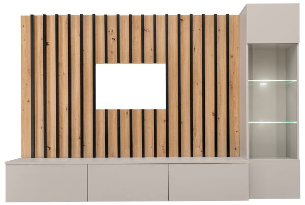 Wohnwand Pearl in Kaschmir und Artisan Eiche Schrankwand 220 cm inklusive LED Beleuchtung, Push-to-Open