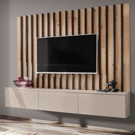 TV-Lowboard Set Pearl in Kaschmir und Artisan Eiche TV Unterteil mit Akustikpaneele 180 cm, Push-to-Open