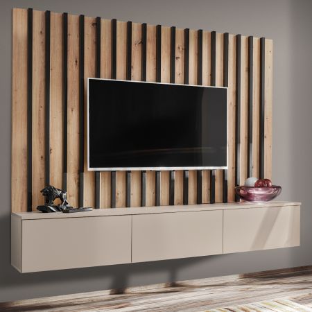 TV-Lowboard Set Pearl in Kaschmir und Artisan Eiche TV Unterteil mit Akustikpaneele 180 cm, Push-to-Open