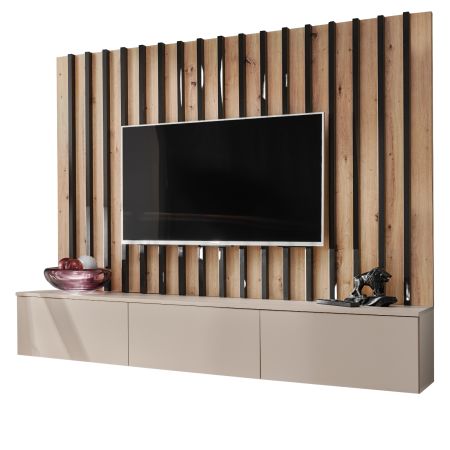 TV-Lowboard Set Pearl in Kaschmir und Artisan Eiche TV Unterteil mit Akustikpaneele 180 cm, Push-to-Open