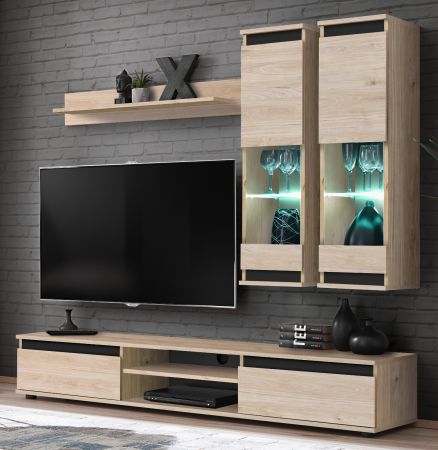 Wohnwand Trigger in Hickory Eiche und schwarz Schrankwand 4-teilig 175 cm, inkl. LED