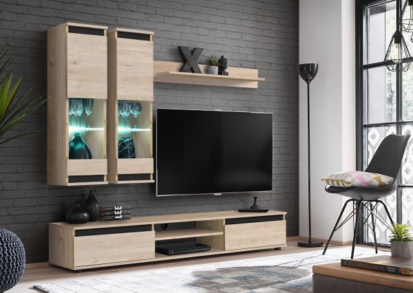 Wohnwand Trigger in Hickory Eiche und schwarz Schrankwand 4-teilig 175 cm, inkl. LED