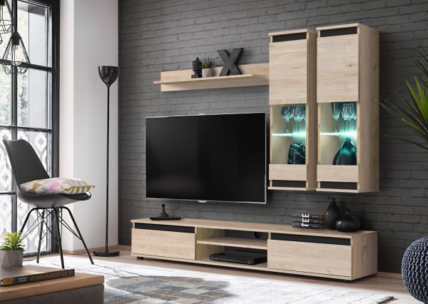 Wohnwand Trigger in Hickory Eiche und schwarz Schrankwand 4-teilig 175 cm, inkl. LED