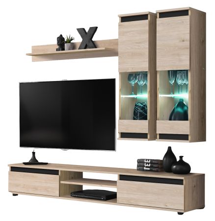 Wohnwand Trigger in Hickory Eiche und schwarz Schrankwand 4-teilig 175 cm, inkl. LED